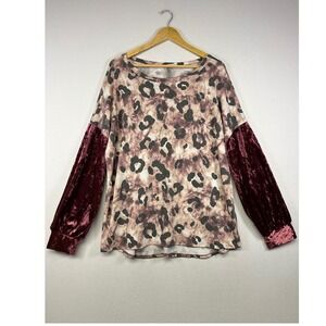 Eclectic Animal Honeyme Curvy Women XXL Tan Leopard Velvet Sleeve Tie Dye Top